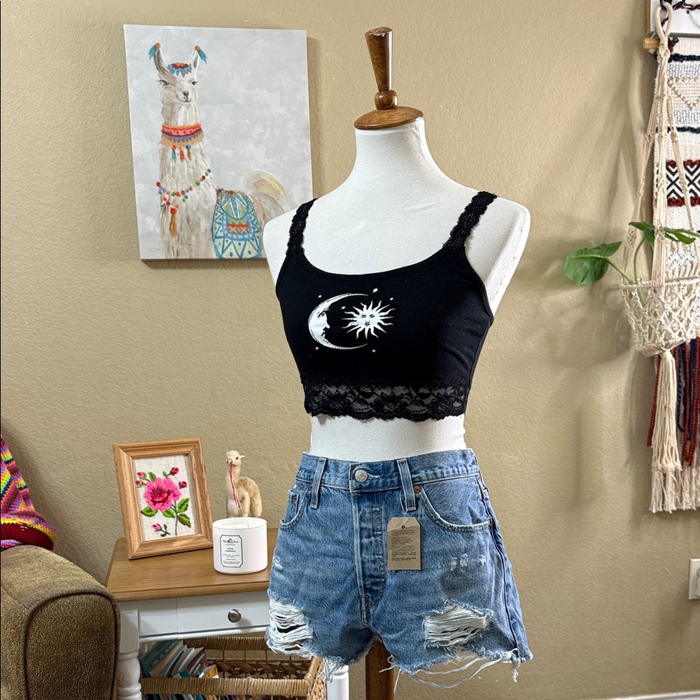 Black Lace Trim Crop Top